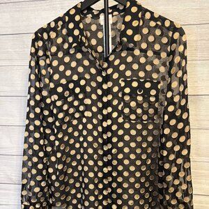 Chico’s Sheer Blouse Women’s 2 Black Gold Dot Button Up Long Sleeve